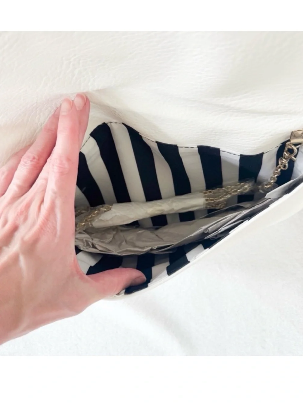 White Envelope Clutch with Gold Chain Strap